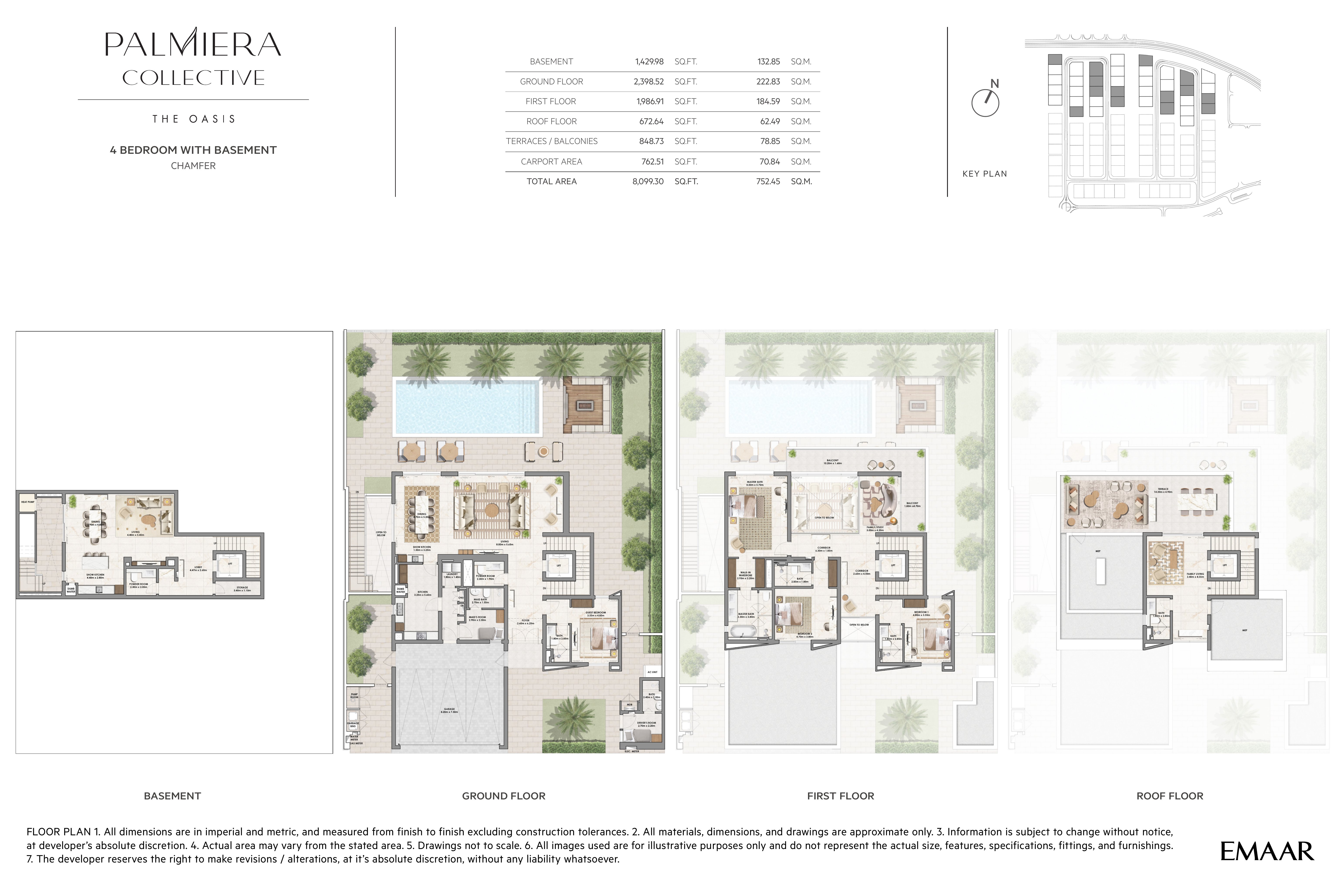 Palmiera Collective 4 Bedroom Villa Chamfer floor plan — Basement, Ground, First and Roof floors