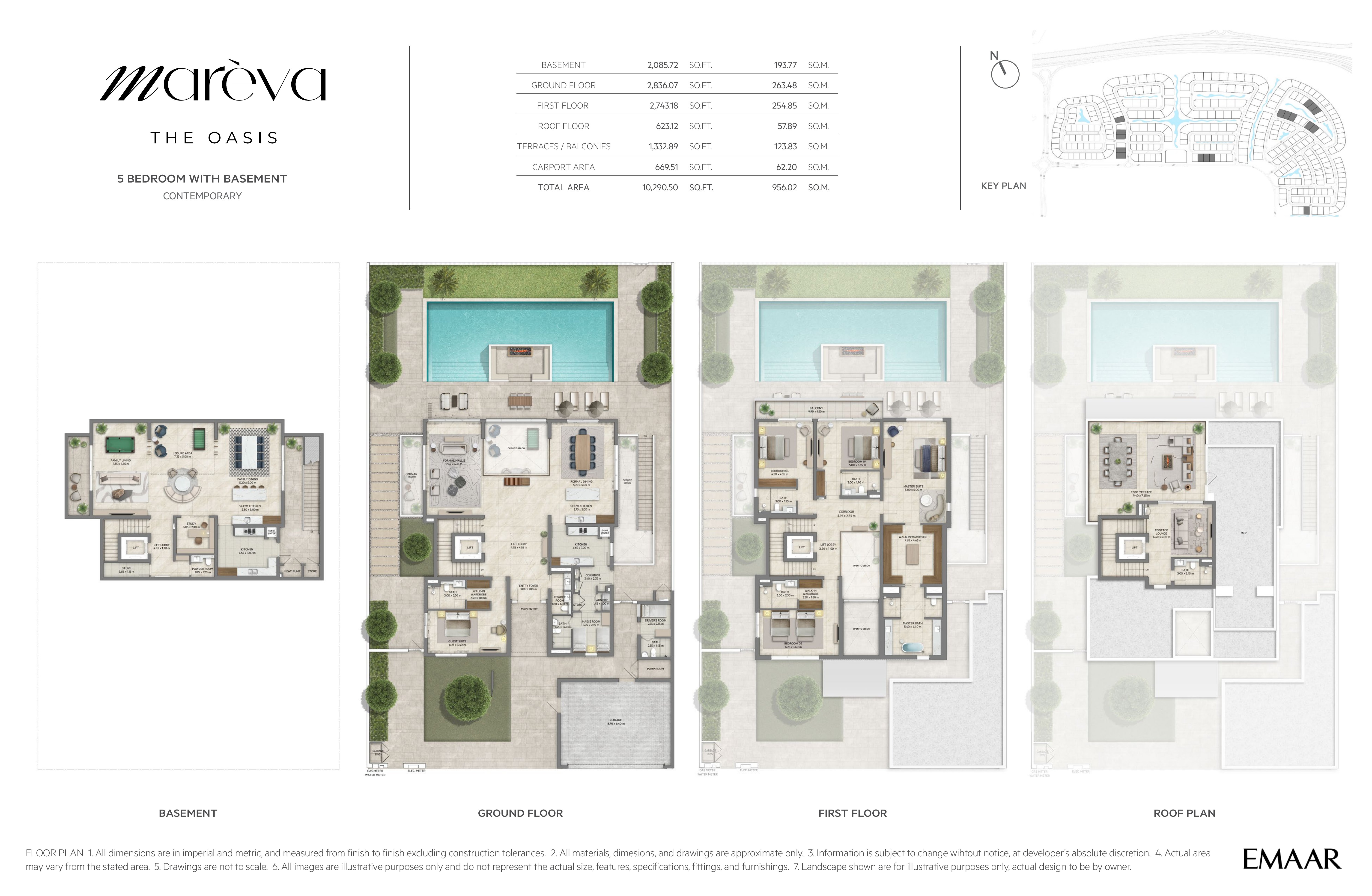 Mareva Collection 5 Bedroom floor plan — Contemporary villa with basement — basement, ground, first and roof floor plans (10,290 sq ft / 956 sq m total)