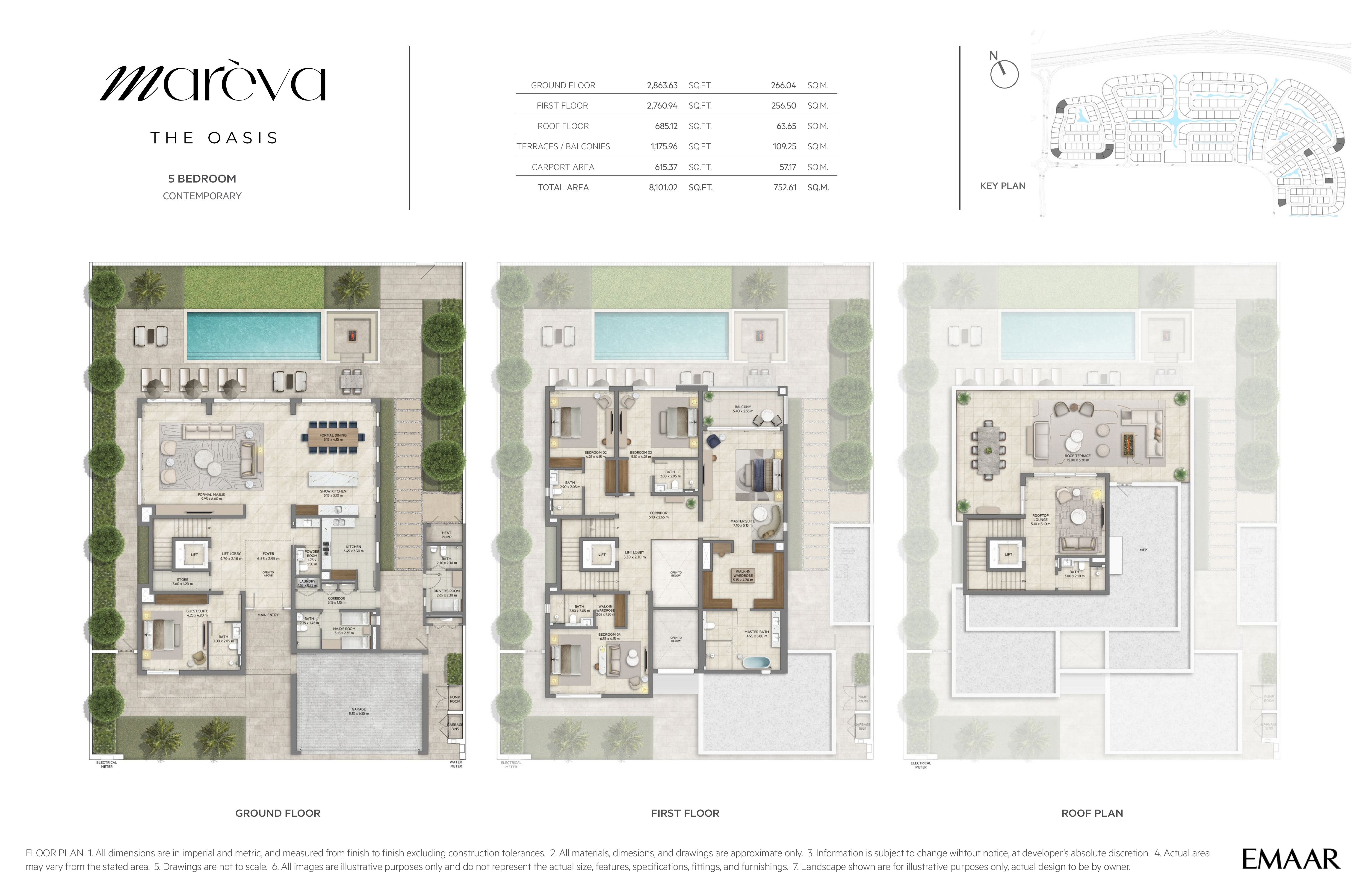 Mareva Collection 5 Bedroom floor plan — Contemporary villa — ground, first and roof floor plans (8,101 sq ft / 753 sq m total)