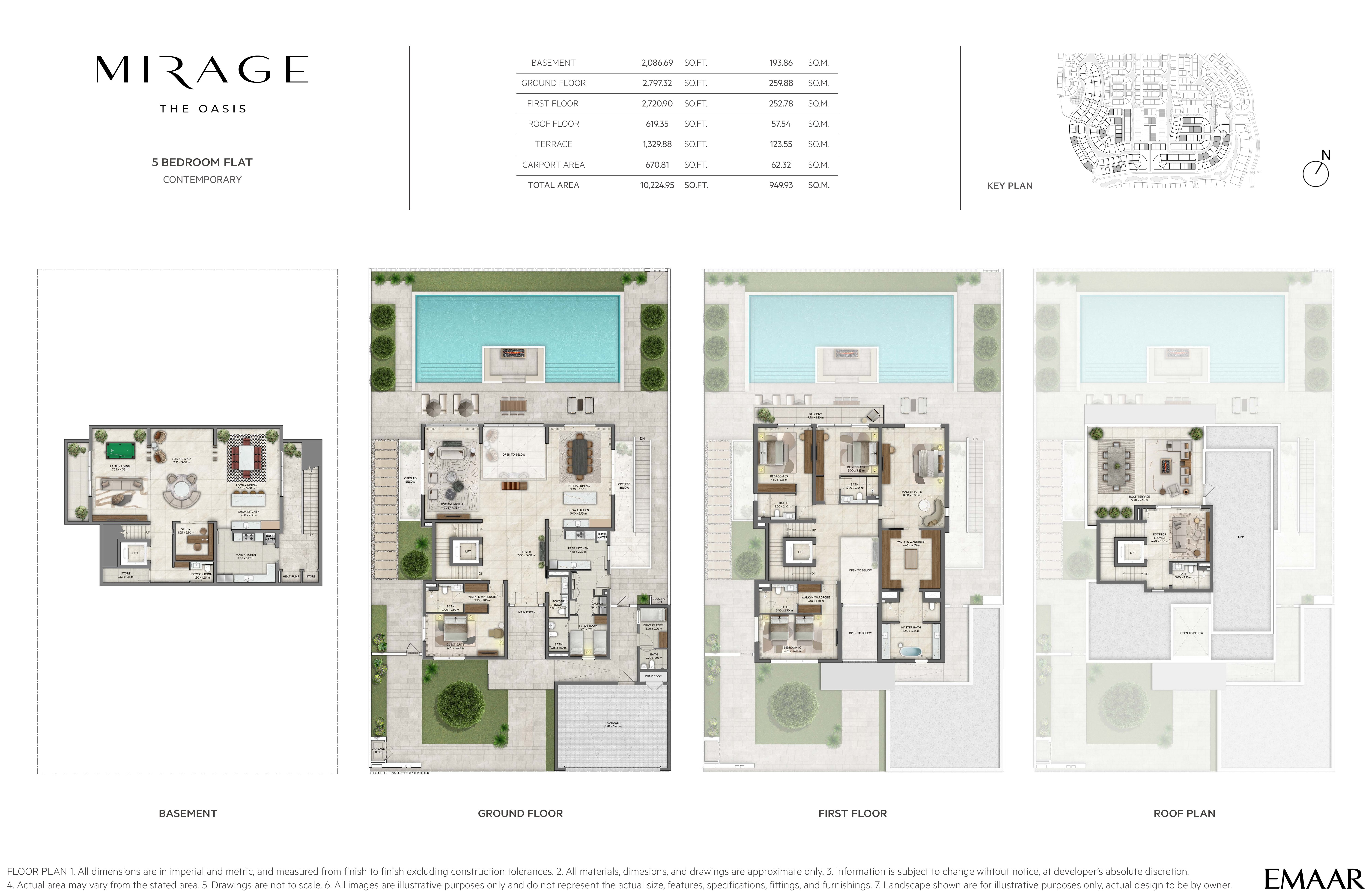Mirage 5 Bedroom Flat — Contemporary floor plan — basement, ground, first & roof plans