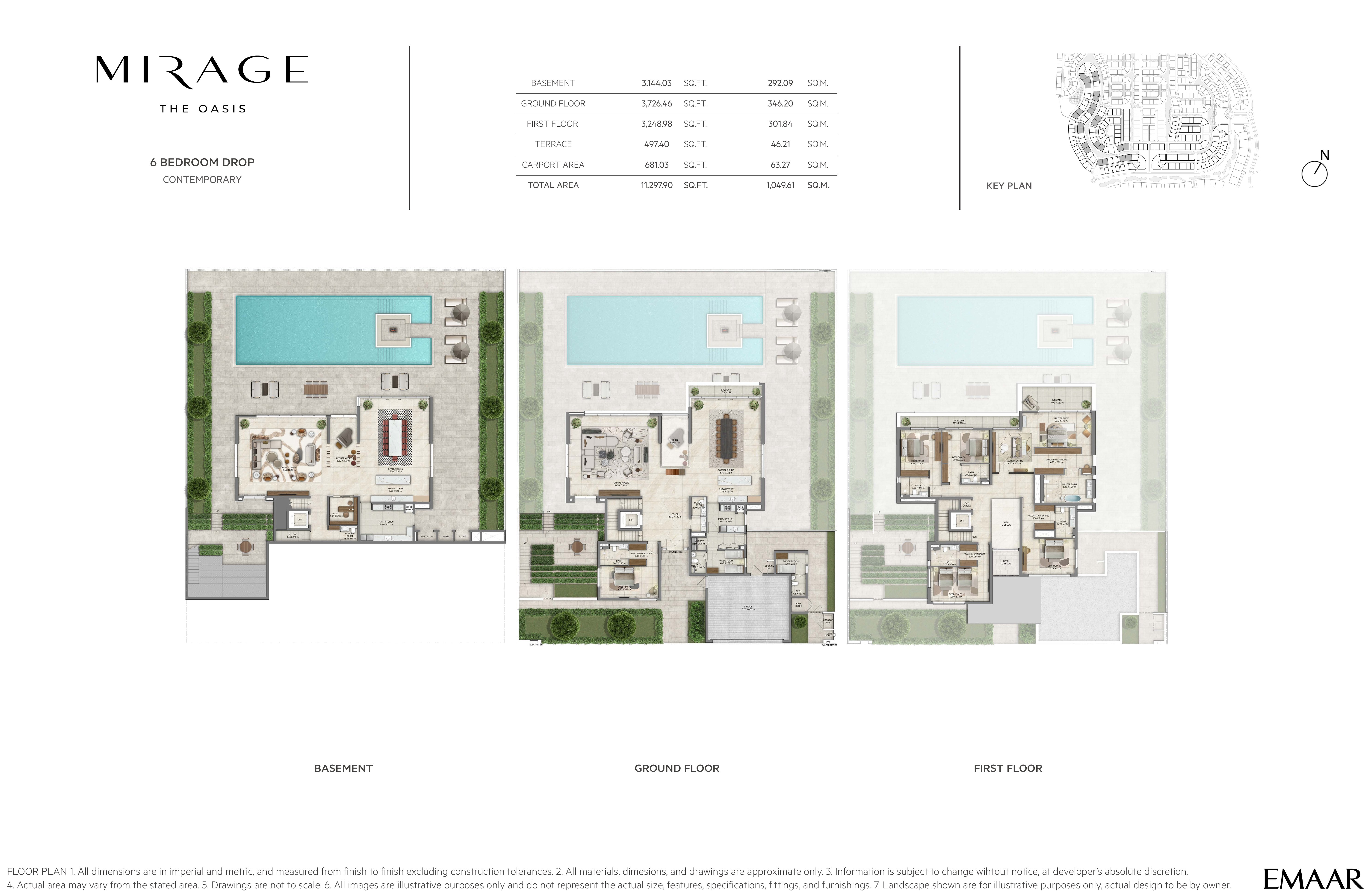 Mirage 6 Bedroom Drop — Contemporary floor plan — basement, ground & first floor plans
