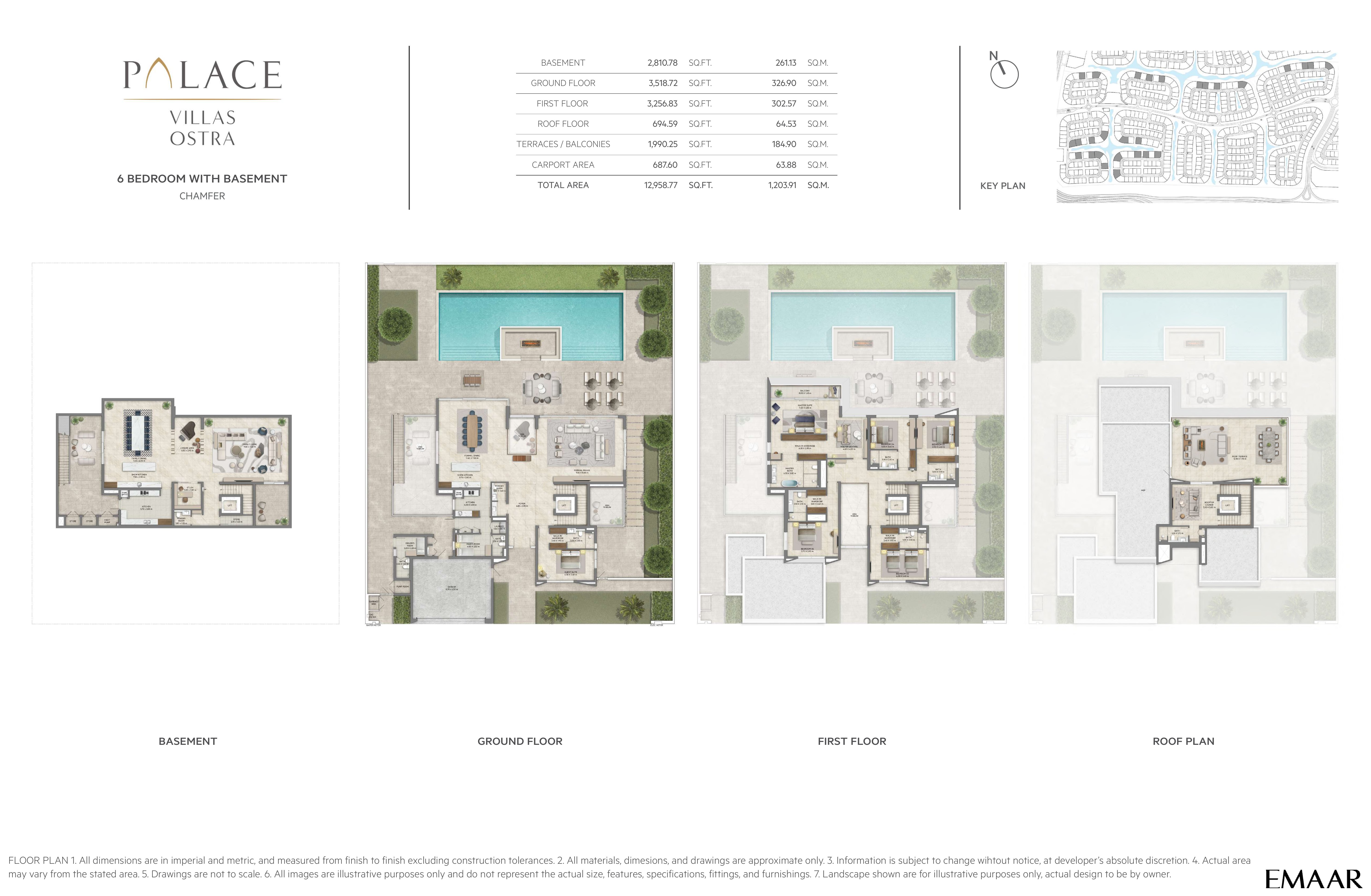 Palace Villas Ostra 6 Bedroom floor plan — 6 Bedroom with Basement, Chamfer – basement, ground, first and roof plans (12,959 sq ft total)