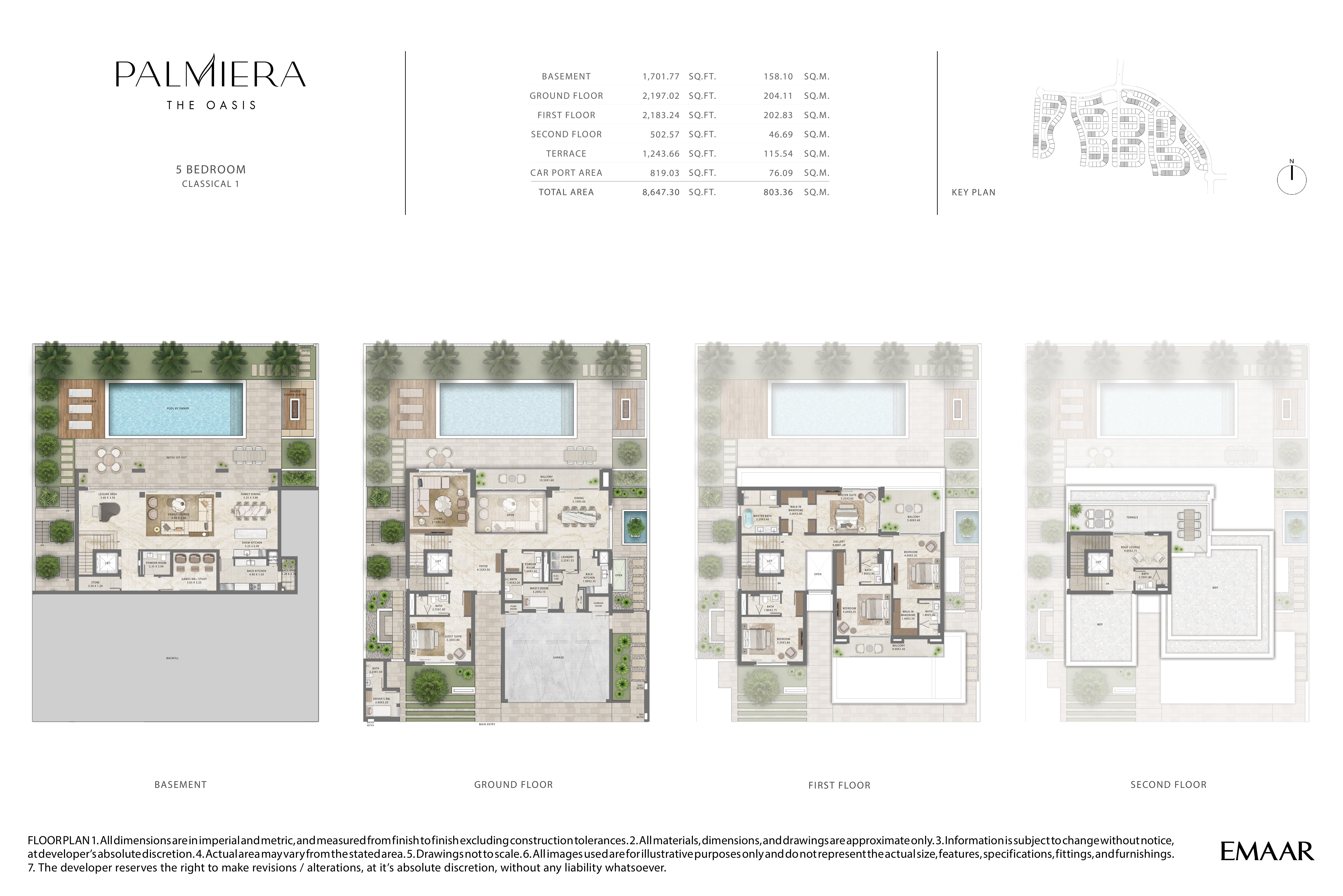 Palmeira 5 Bedroom Type 1 floor plan — Classical 1 — basement, ground, first & second floor (8,647 sq ft total)