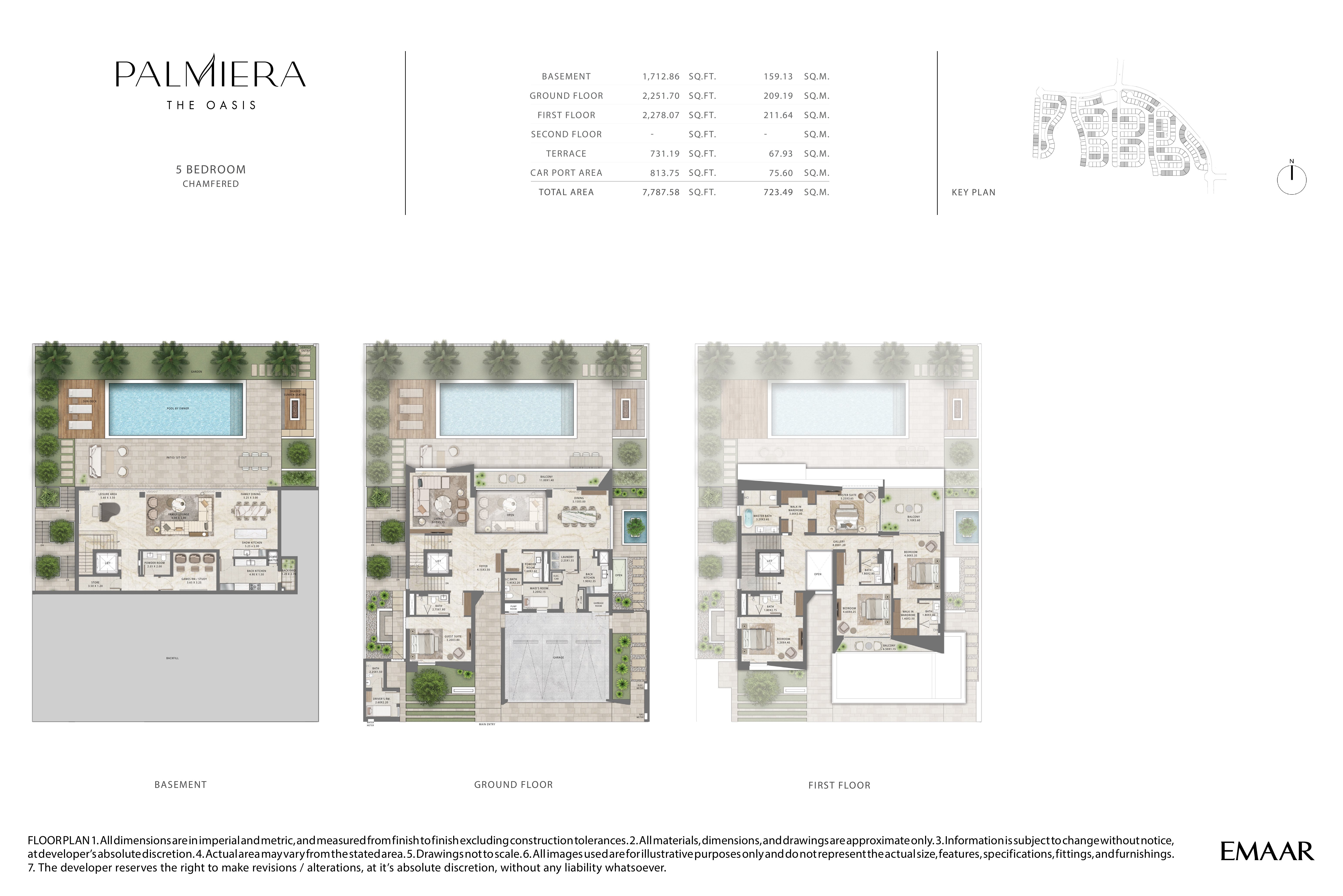 Palmeira 5 Bedroom Type 2 floor plan — Chamfered — basement, ground & first floor (7,788 sq ft total)