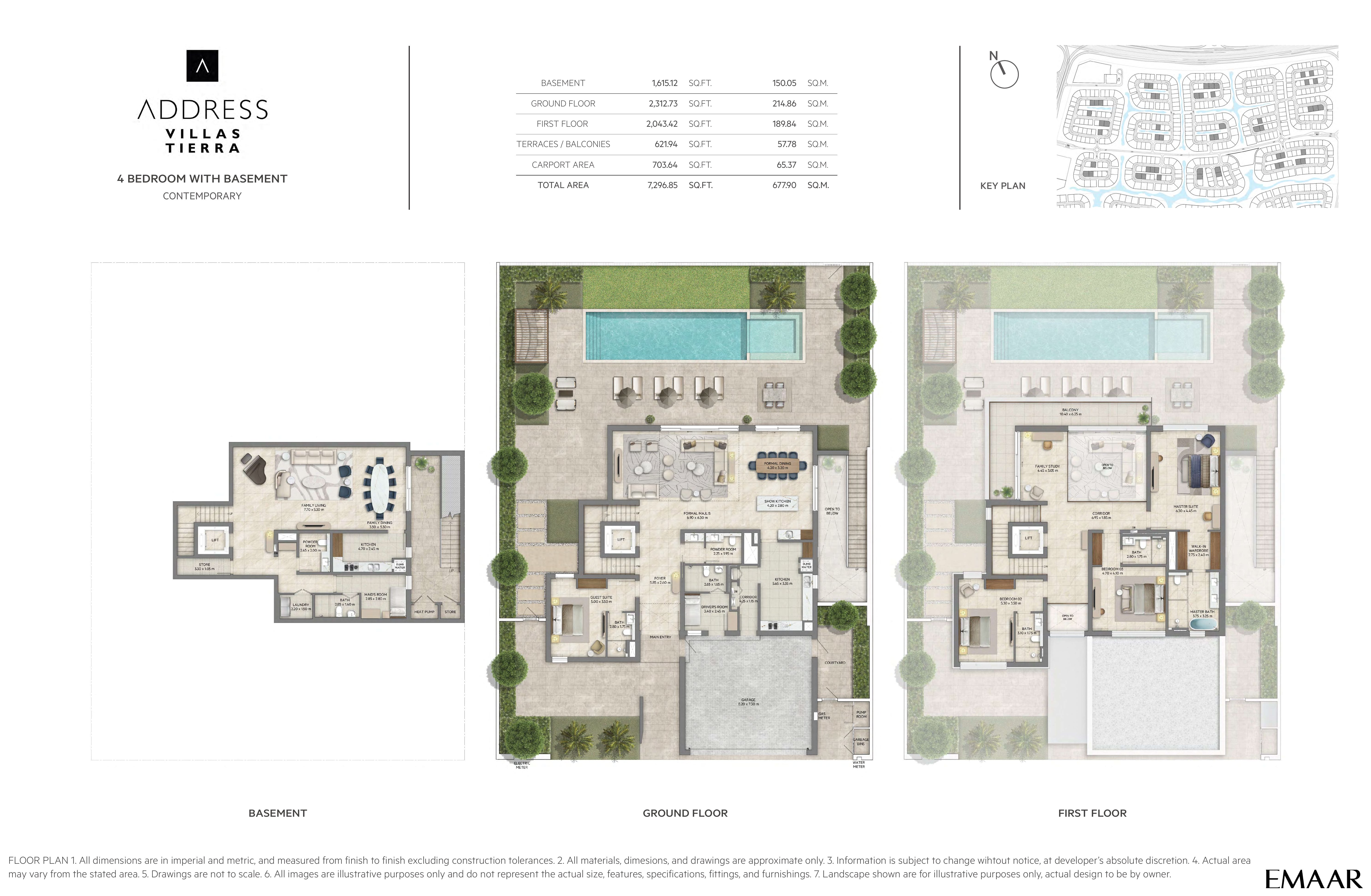 Address Villas Tierra 4 Bedroom floor plan — Contemporary — basement, ground & first floor