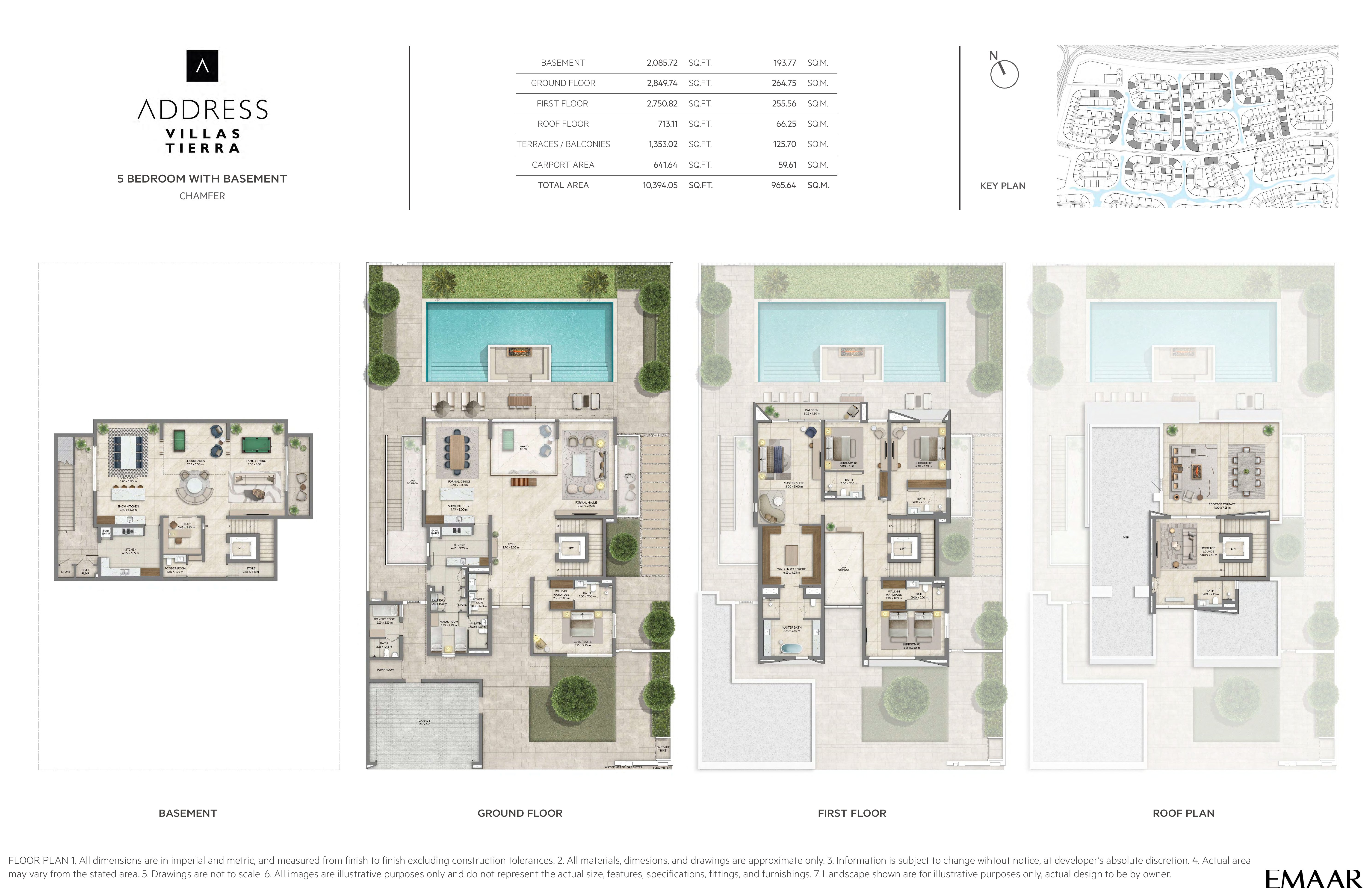 Address Villas Tierra 5 Bedroom floor plan — Chamfer with basement — basement, ground, first & roof plan