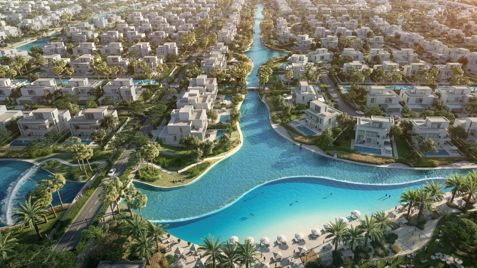 Aerial waterfront view of The Oasis