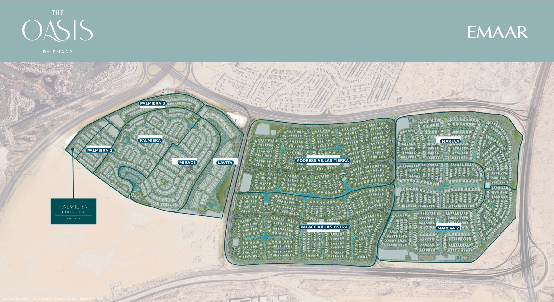 The Oasis by Emaar master plan with every community labelled — the Palmeira districts and Mirage to the west, Lavita central, Address Villas Tierra and Palace Villas Ostra in the middle, Mareva and Mareva 2 to the east